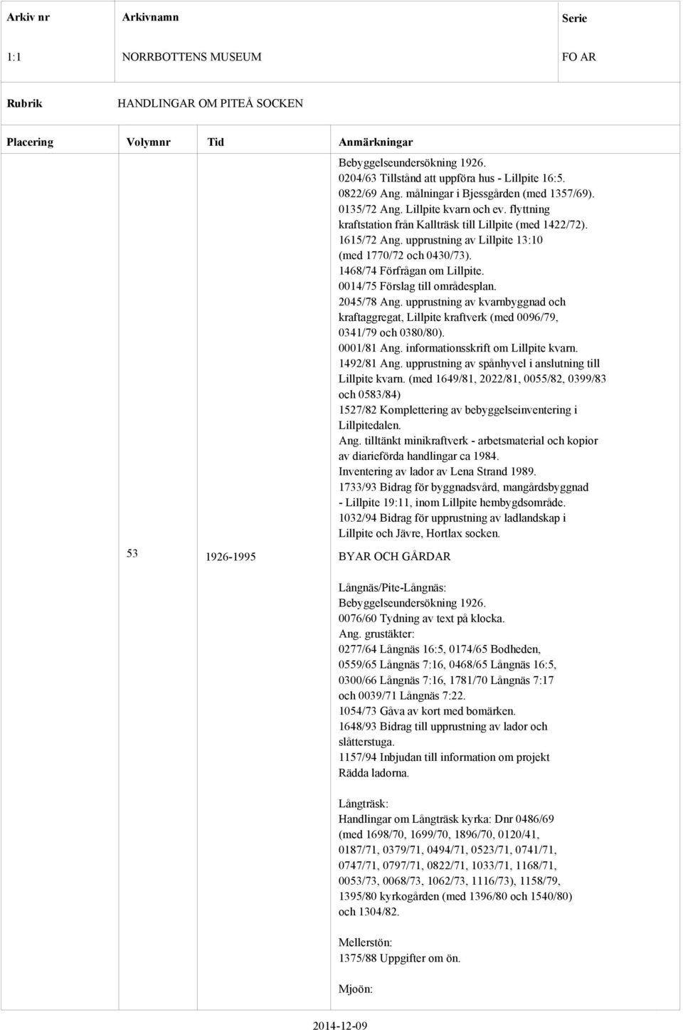 0014/75 Förslag till områdesplan. 2045/78 Ang. upprustning av kvarnbyggnad och kraftaggregat, Lillpite kraftverk (med 0096/79, 0341/79 och 0380/80). 0001/81 Ang. informationsskrift om Lillpite kvarn.