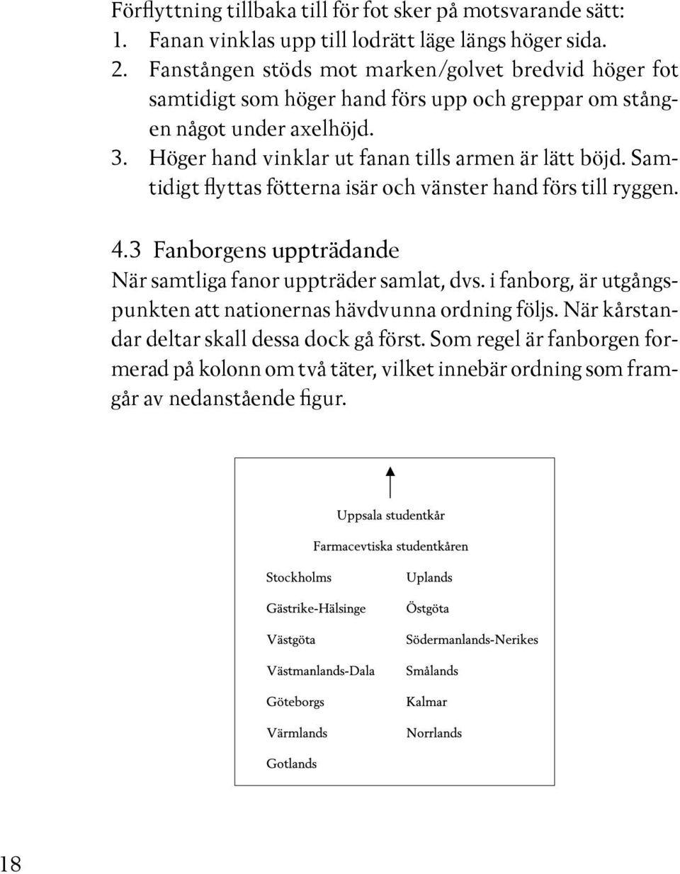 Höger hand vinklar ut fanan tills armen är lätt böjd. Samtidigt flyttas fötterna isär och vänster hand förs till ryggen. 4.