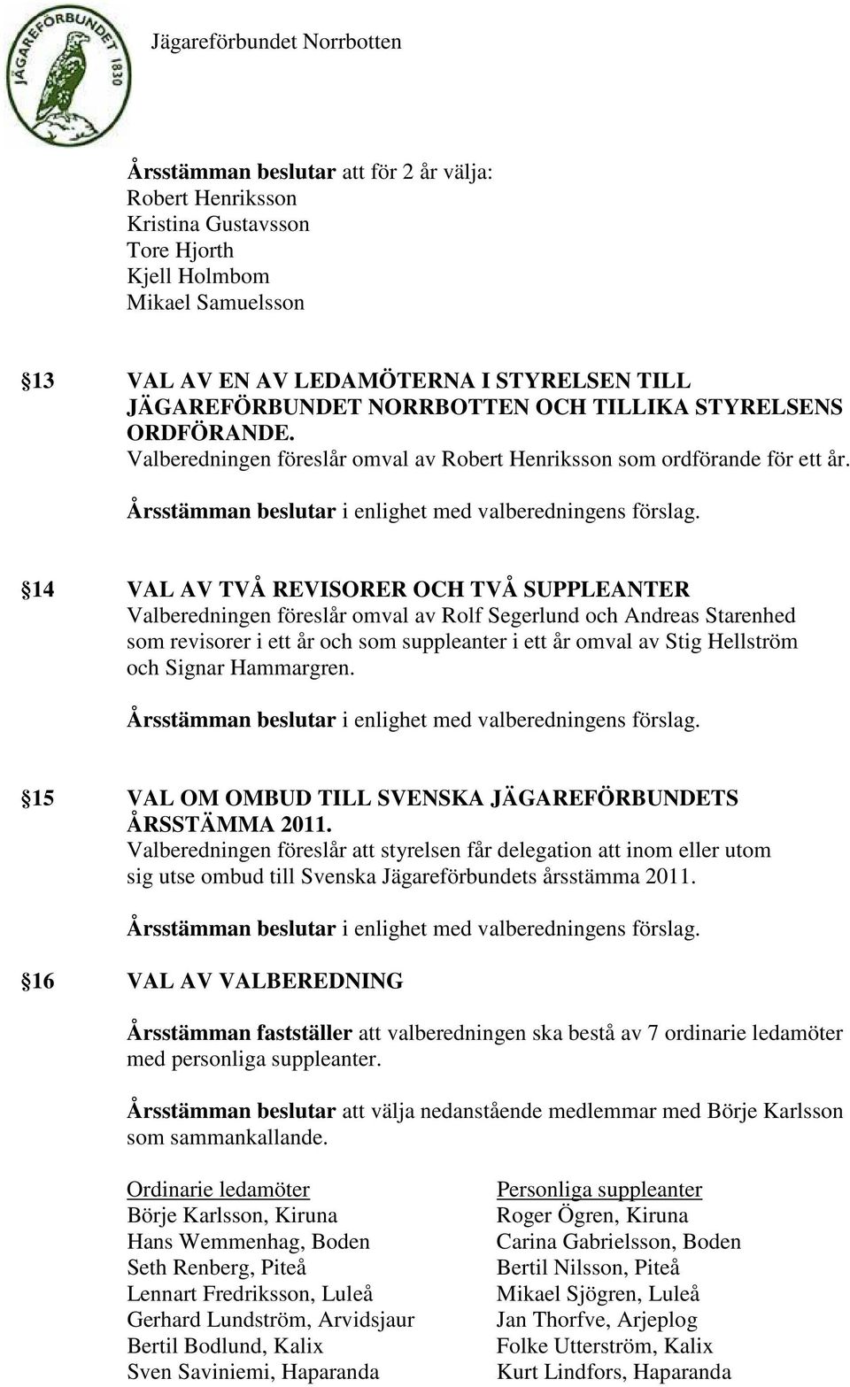 14 VAL AV TVÅ REVISORER OCH TVÅ SUPPLEANTER Valberedningen föreslår omval av Rolf Segerlund och Andreas Starenhed som revisorer i ett år och som suppleanter i ett år omval av Stig Hellström och