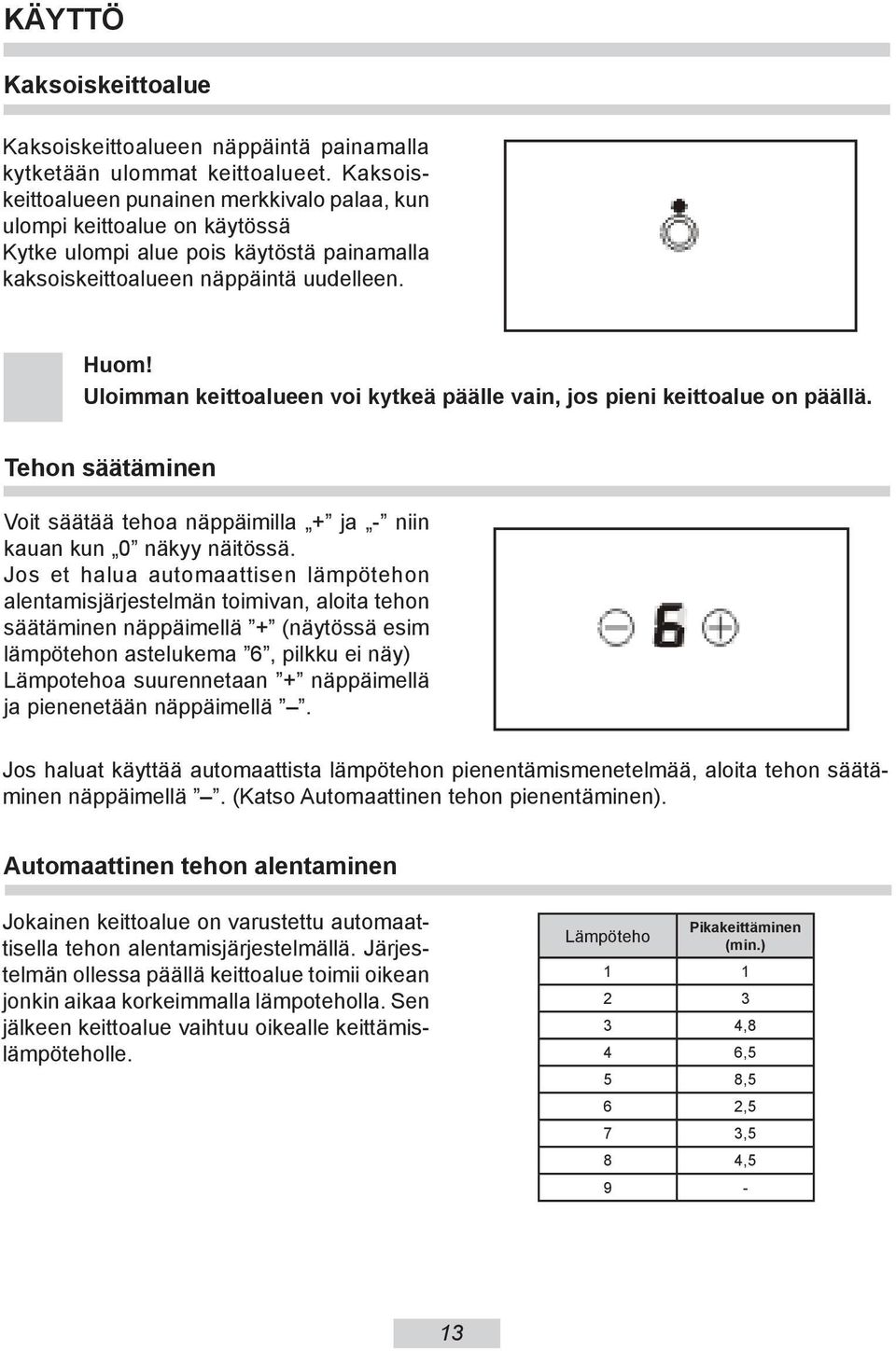 Uloimman keittoalueen voi kytkeä päälle vain, jos pieni keittoalue on päällä. Tehon säätäminen Voit säätää tehoa näppäimilla + ja - niin kauan kun 0 näkyy näitössä.