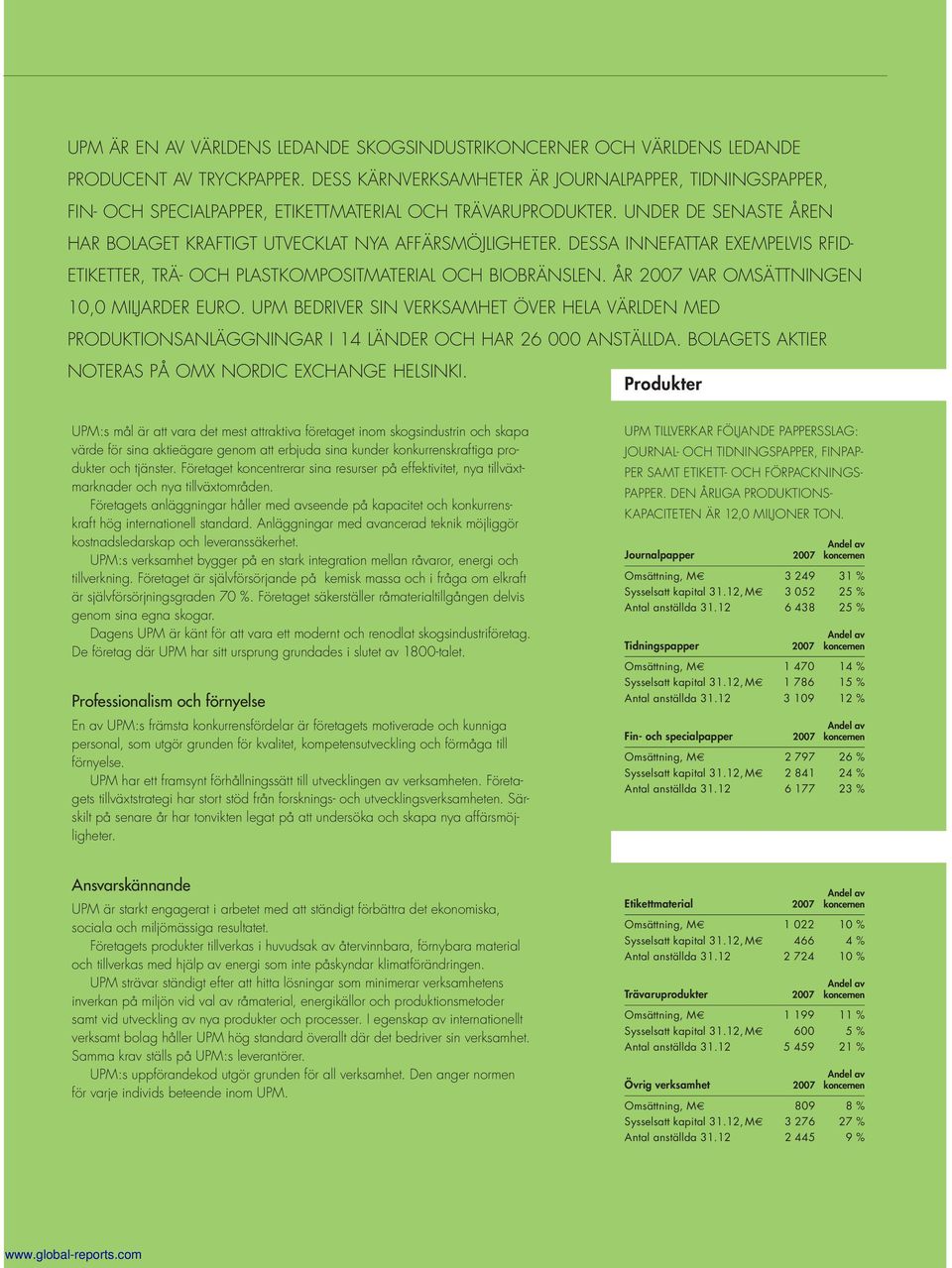 DESSA INNEFATTAR EXEMPELVIS RFID- ETIKETTER, TRÄ- OCH PLASTKOMPOSITMATERIAL OCH BIOBRÄNSLEN. ÅR 2007 VAR OMSÄTTNINGEN 10,0 MILJARDER EURO.