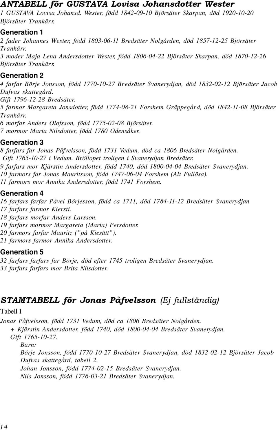 3 moder Maja Lena Andersdotter Wester, född 1806-04-22 Björsäter Skarpan, död 1870-12-26 Björsäter Trankärr.