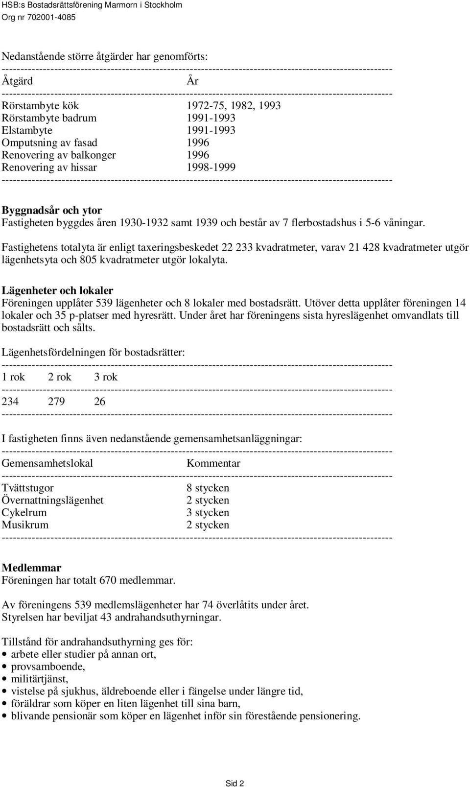 Fastighetens totalyta är enligt taxeringsbeskedet 22 233 kvadratmeter, varav 21 428 kvadratmeter utgör lägenhetsyta och 805 kvadratmeter utgör lokalyta.