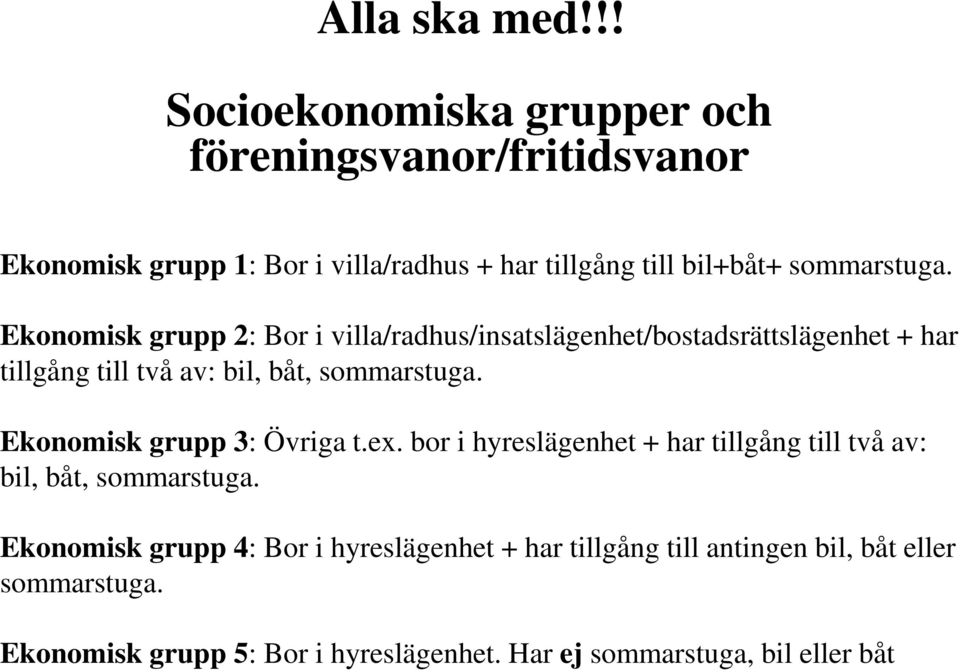 Ekonomisk grupp 2: Bor i villa/radhus/insatslägenhet/bostadsrättslägenhet + har tillgång till två av: bil, båt, sommarstuga.