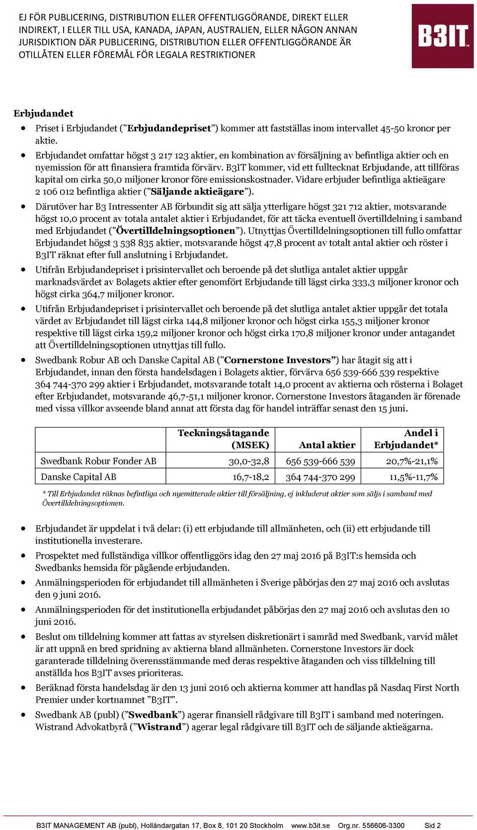 B3IT kommer, vid ett fulltecknat Erbjudande, att tillföras kapital om cirka 50,0 miljoner kronor före emissionskostnader.