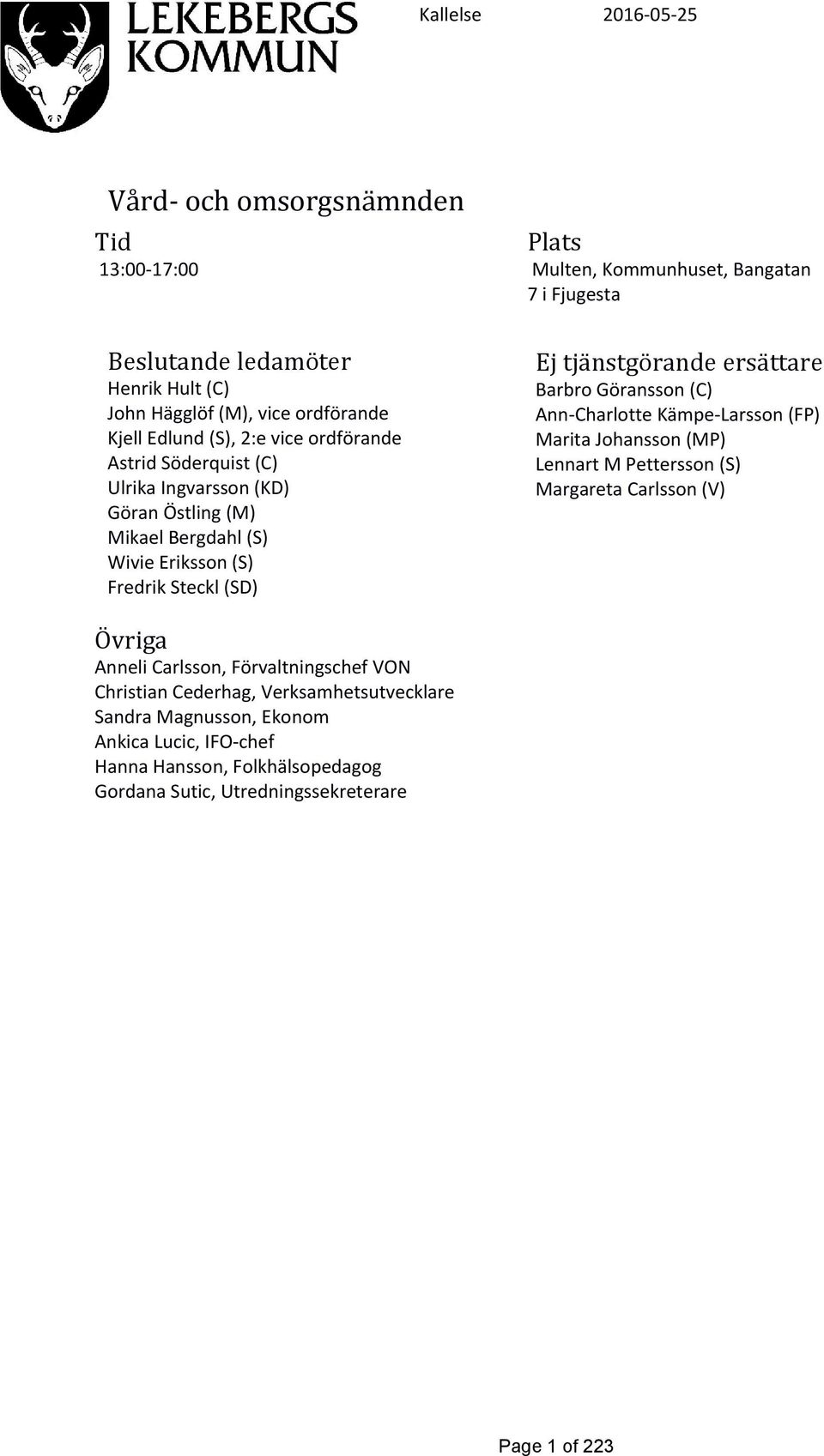 tjänstgörande ersättare Barbro Göransson (C) Ann-Charlotte Kämpe-Larsson (FP) Marita Johansson (MP) Lennart M Pettersson (S) Margareta Carlsson (V) Övriga Anneli Carlsson,