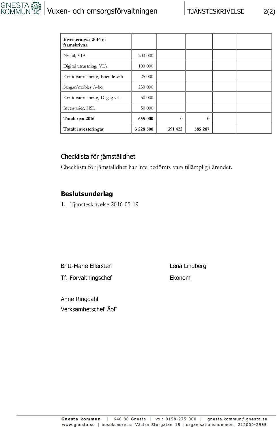 000 0 0 Totalt investeringar 3 228 500 391 422 585 287 Checklista för jämställdhet Checklista för jämställdhet har inte bedömts vara tillämplig i