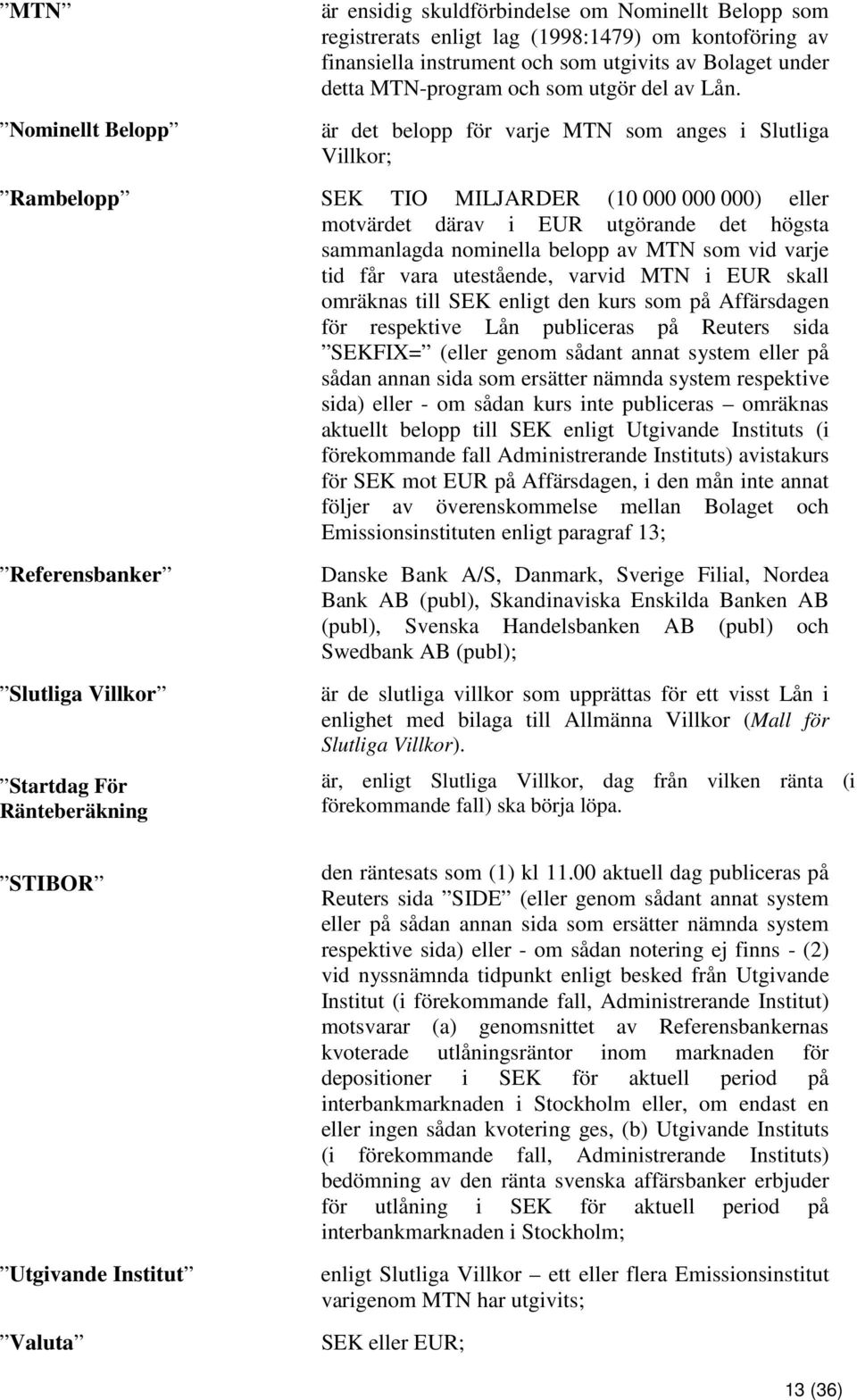 är det belopp för varje MTN som anges i Slutliga Villkor; Rambelopp SEK TIO MILJARDER (10 000 000 000) eller motvärdet därav i EUR utgörande det högsta sammanlagda nominella belopp av MTN som vid