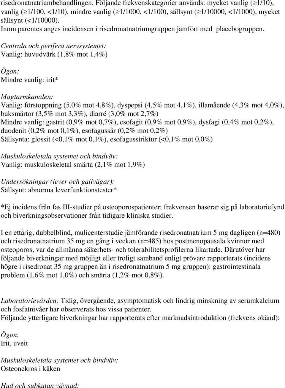 Inom parentes anges incidensen i risedronatnatriumgruppen jämfört med placebogruppen.