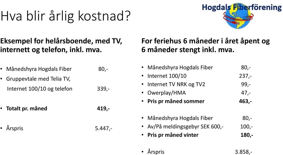 447,- For feriehus 6 måneder i året åpent og 6 måneder stengt inkl. mva.