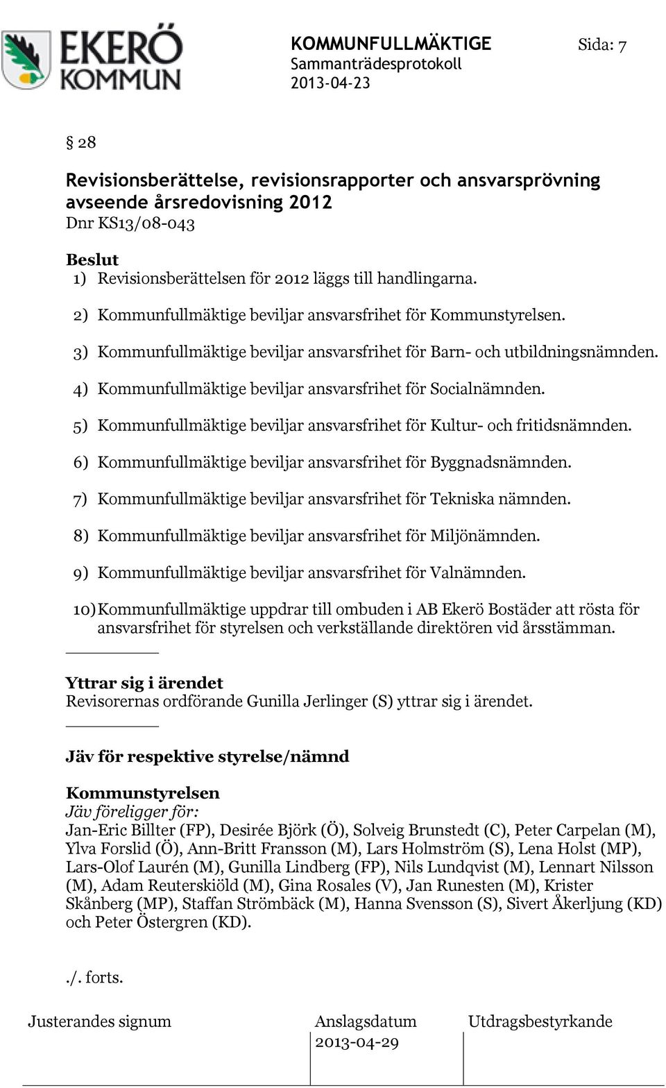 4) Kommunfullmäktige beviljar ansvarsfrihet för Socialnämnden. 5) Kommunfullmäktige beviljar ansvarsfrihet för Kultur- och fritidsnämnden.