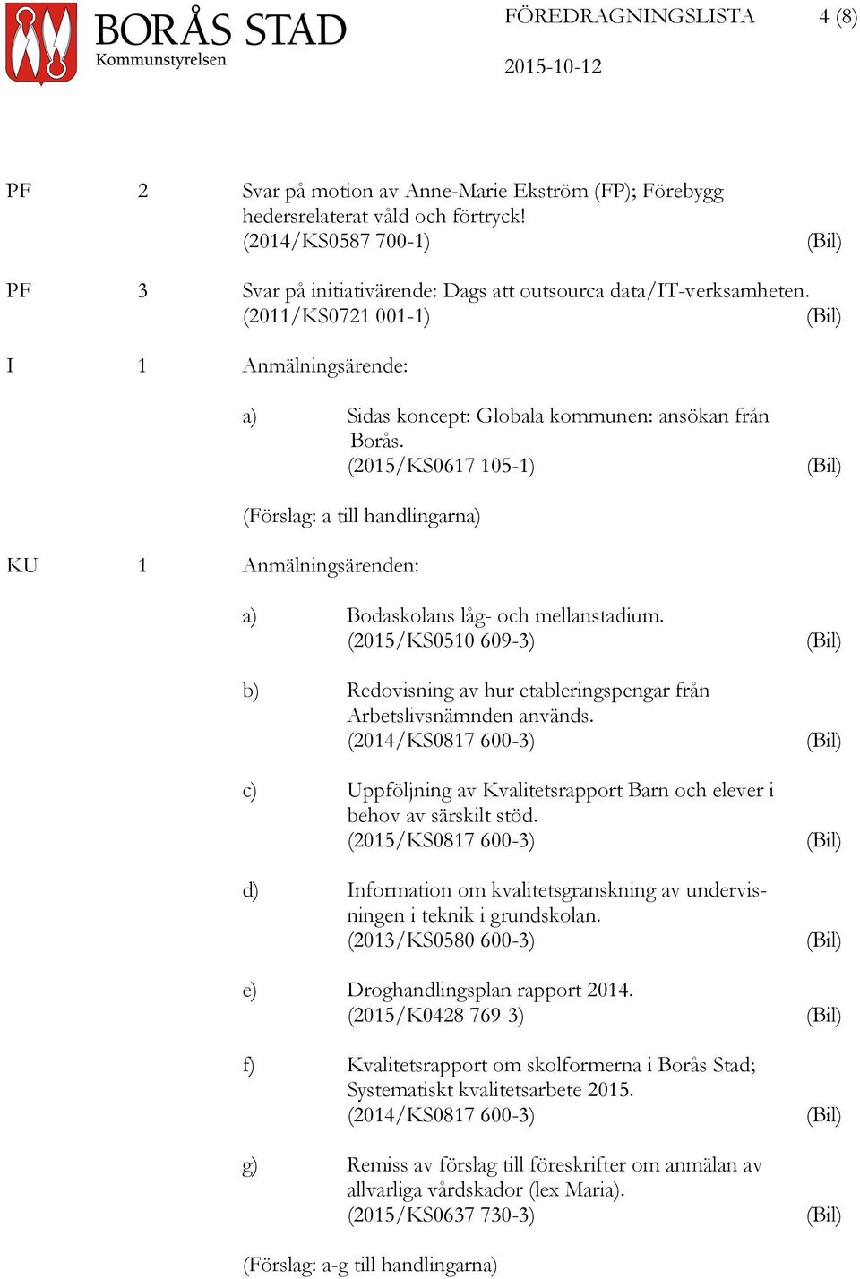 (2015/KS0617 105-1) (Bil) (Förslag: a till handlingarna) KU 1 Anmälningsärenden: a) Bodaskolans låg- och mellanstadium.