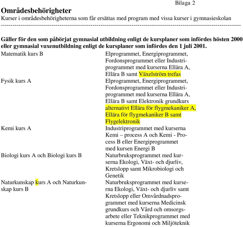 infördes hösten 2000 eller gymnasial vuxenutbildning enligt de kursplaner som infördes den 1 juli 2001.