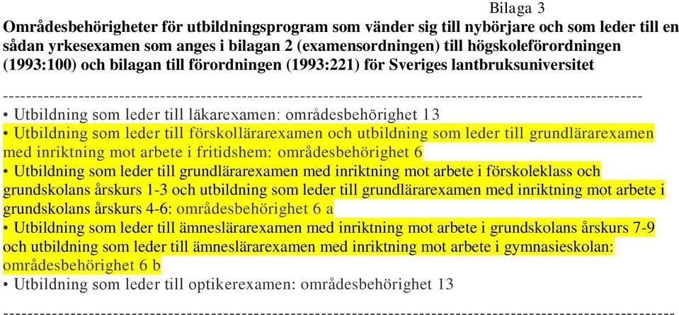 som leder till läkarexamen: områdesbehörighet 13 Utbildning som leder till förskollärarexamen och utbildning som leder till grundlärarexamen med inriktning mot arbete i fritidshem: områdesbehörighet