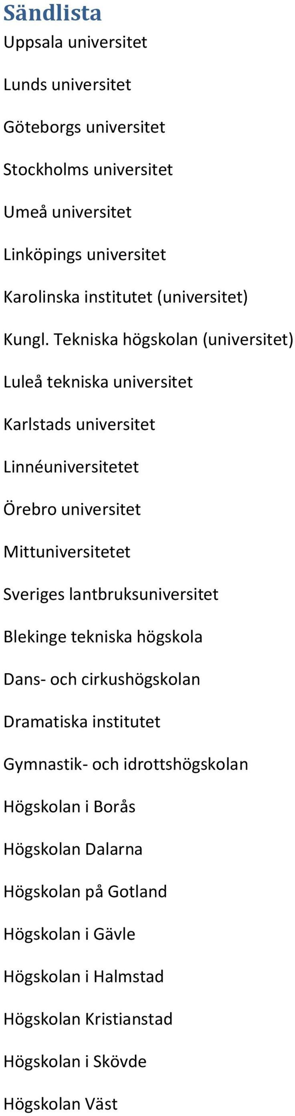 Tekniska högskolan (universitet) Luleå tekniska universitet Karlstads universitet Linnéuniversitetet Örebro universitet Mittuniversitetet Sveriges