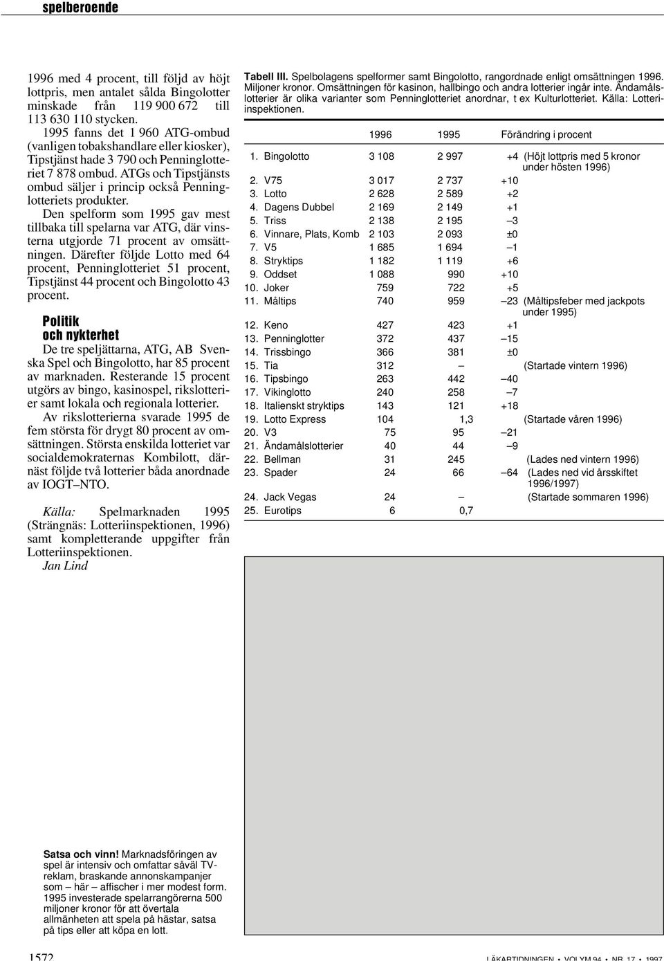 ATGs och Tipstjänsts ombud säljer i princip också Penninglotteriets produkter. Den spelform som 1995 gav mest tillbaka till spelarna var ATG, där vinsterna utgjorde 71 procent av omsättningen.