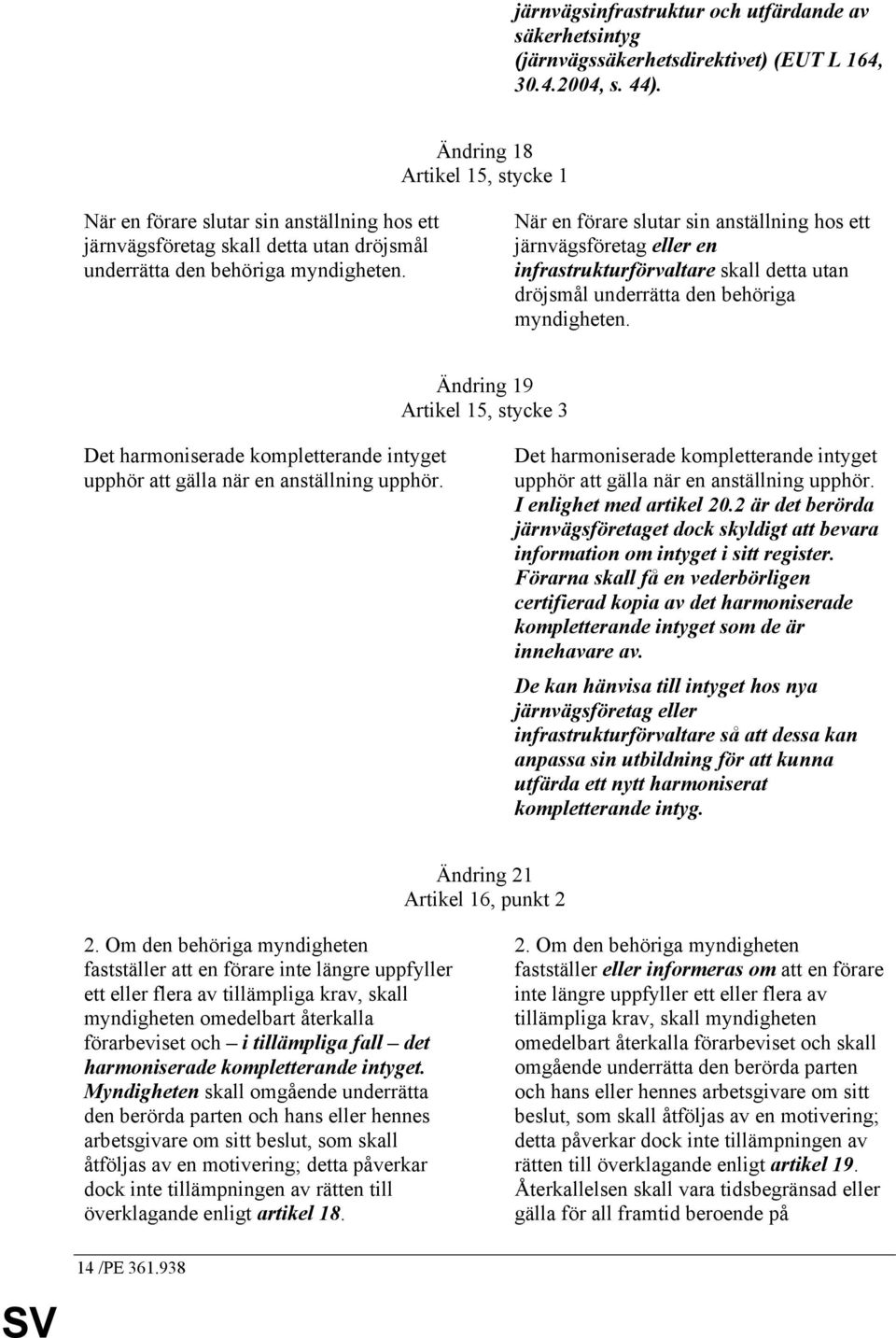 När en förare slutar sin anställning hos ett järnvägsföretag eller en infrastrukturförvaltare skall detta utan dröjsmål underrätta den behöriga myndigheten.