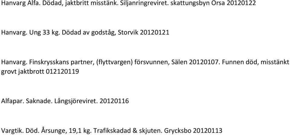 Finskrysskans partner, (flyttvargen) försvunnen, Sälen 20120107.