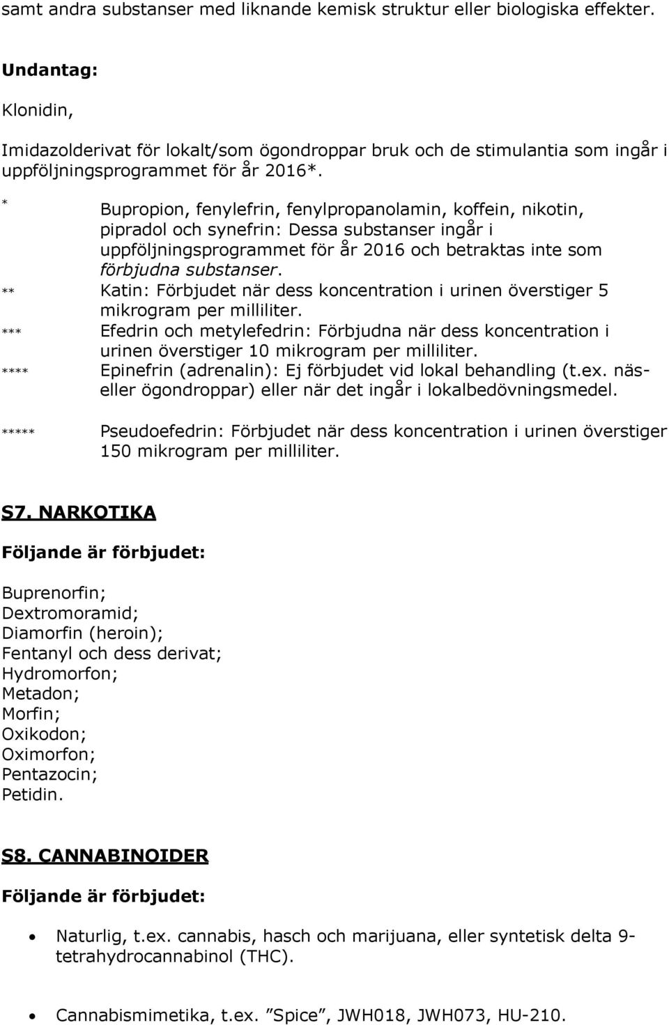 * Bupropion, fenylefrin, fenylpropanolamin, koffein, nikotin, pipradol och synefrin: Dessa substanser ingår i uppföljningsprogrammet för år 2016 och betraktas inte som förbjudna substanser.