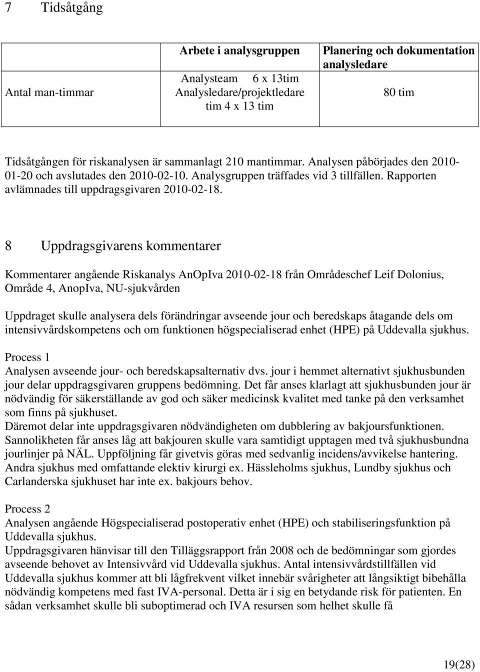8 Uppdragsgivarens kommentarer Kommentarer angående Riskanalys AnOpIva 2010-02-18 från Områdeschef Leif Dolonius, Område 4, AnopIva, NU-sjukvården Uppdraget skulle analysera dels förändringar