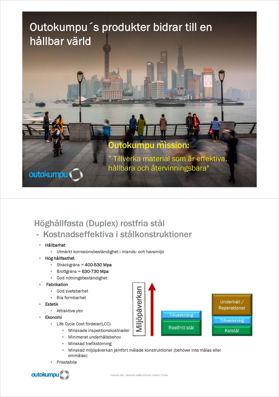 nötningsbeständighet Fabrikation God svetsbarhet Bra formbarhet Estetik Attraktiva ytor Ekonomi Life Cycle Cost fördelar(lcc) Minskade inspektionskostnader Minimerat