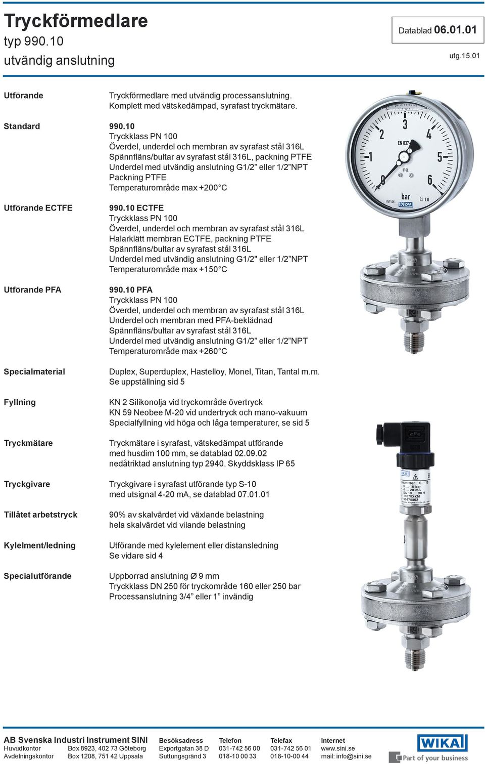 990.10 ECTFE Halarklätt membran ECTFE, packning PTFE Spännfläns/bultar av syrafast stål 316L Underdel med G1/2" eller 1/2 NPT Temperaturområde max +150 C 990.