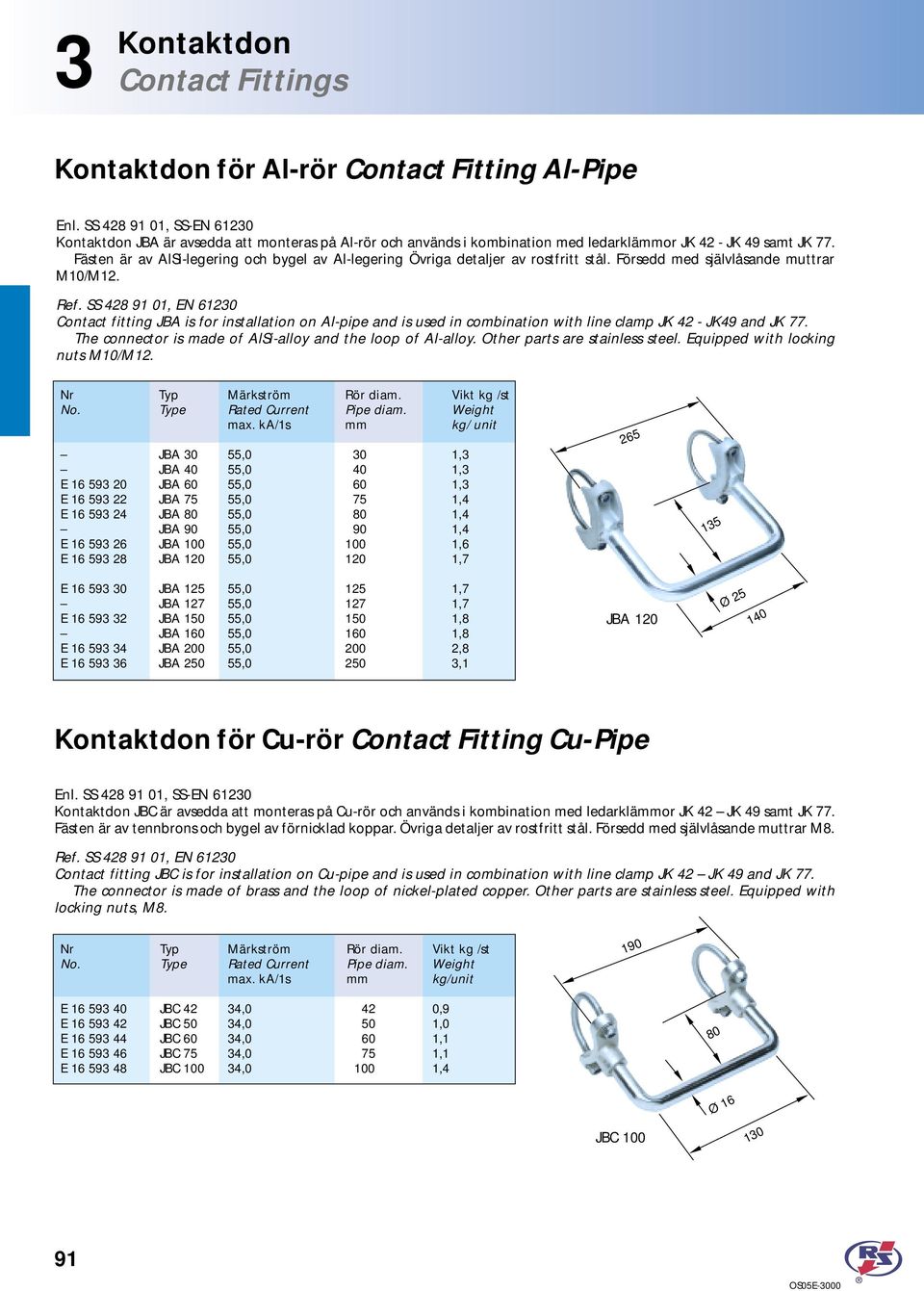 Contact fitting JBA is for installation on Al-pipe and is used in combination with line clamp JK 42 - JK49 and JK 77. The connector is made of AlSi-alloy and the loop of Al-alloy.