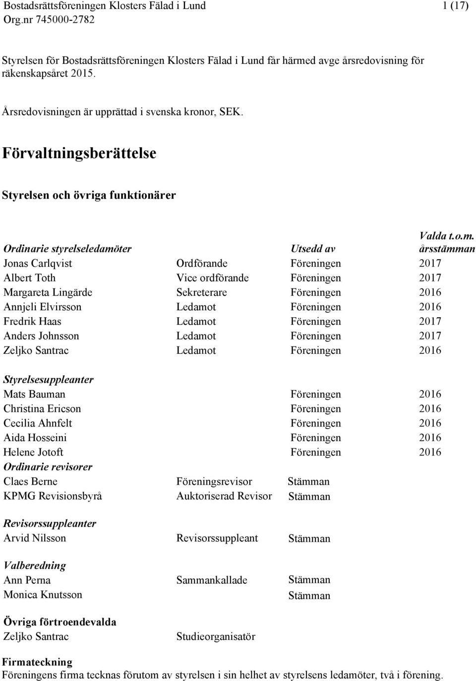 Bostadsrättsföreningen Klosters Fälad i Lund 1 (17) Årsredovisningen är upprättad i svenska kronor, SEK. Styrelsen Org.