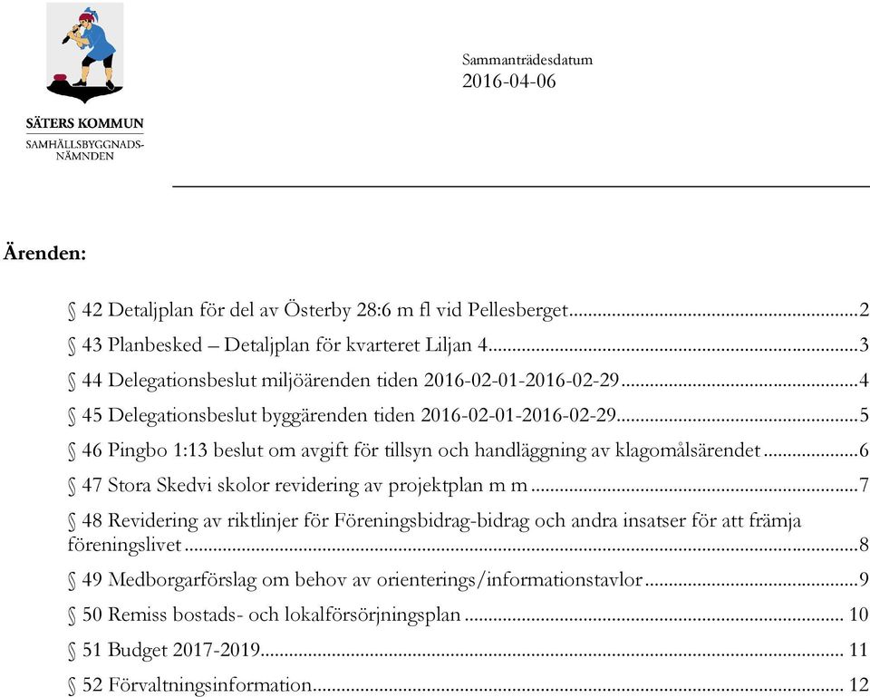 .. 5 46 Pingbo 1:13 beslut om avgift för tillsyn och handläggning av klagomålsärendet... 6 47 Stora Skedvi skolor revidering av projektplan m m.