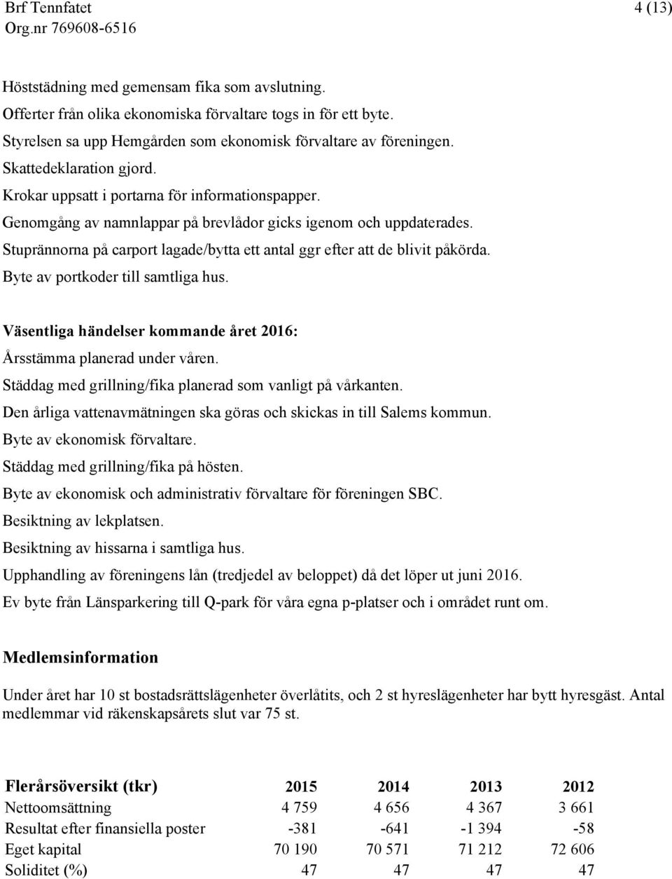 Stuprännorna på carport lagade/bytta ett antal ggr efter att de blivit påkörda. Byte av portkoder till samtliga hus. Väsentliga händelser kommande året 2016: Årsstämma planerad under våren.