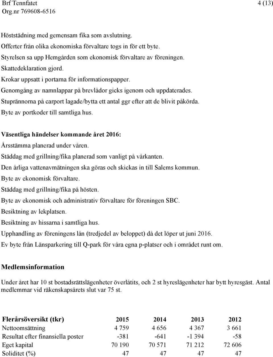 Stuprännorna på carport lagade/bytta ett antal ggr efter att de blivit påkörda. Byte av portkoder till samtliga hus. Väsentliga händelser kommande året 2016: Årsstämma planerad under våren.