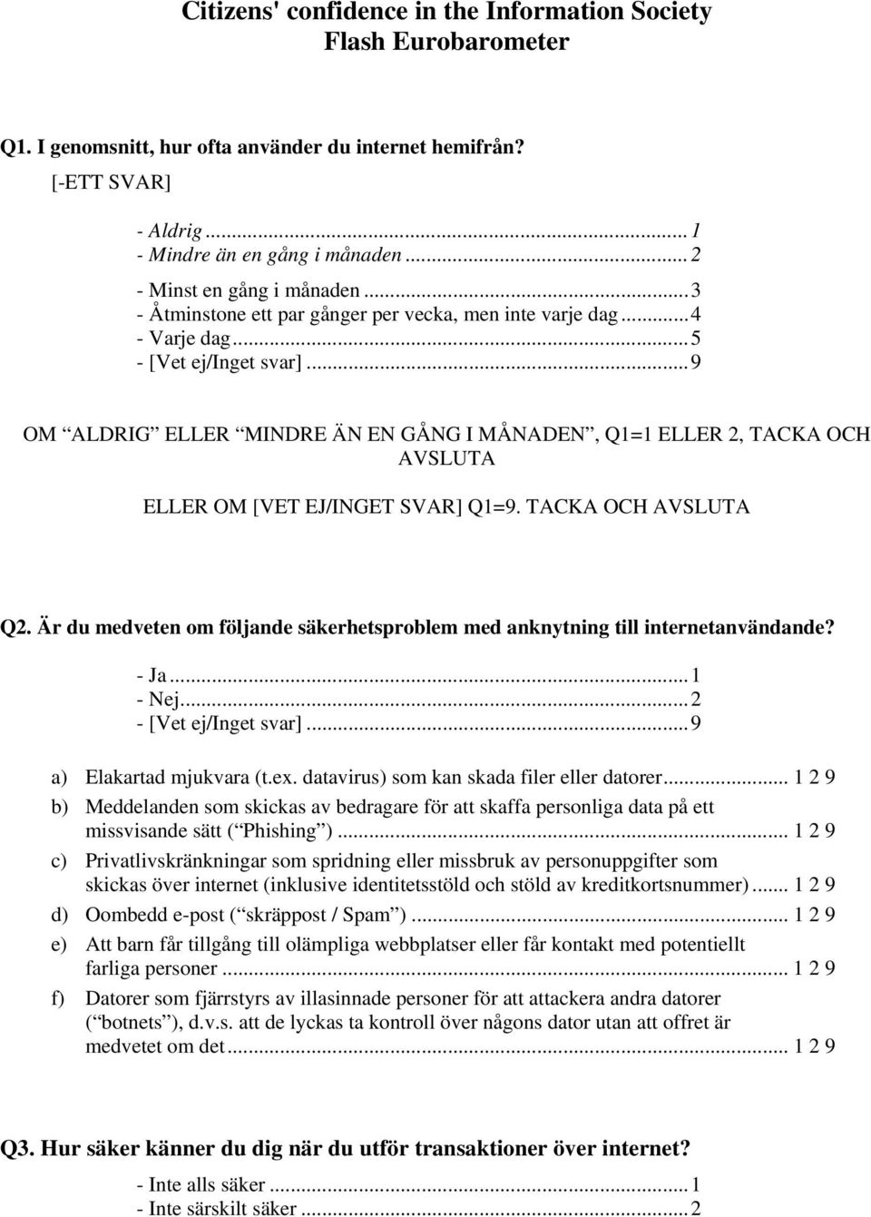 ..5 OM ALDRIG ELLER MINDRE ÄN EN GÅNG I MÅNADEN, Q1=1 ELLER 2, TACKA OCH AVSLUTA ELLER OM [VET EJ/INGET SVAR] Q1=9. TACKA OCH AVSLUTA Q2.