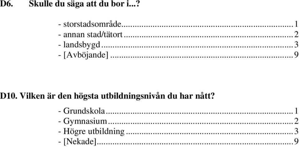 ..9 D10. Vilken är den högsta utbildningsnivån du har nått?