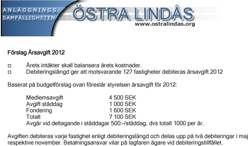 2012: Medlemsavgift 4 500 SEK Avgift städdag 1 000 SEK Fondering 1 600 SEK Totalt 7 100 SEK Avgår vid deltagande i städdagar 500:-/städdag,