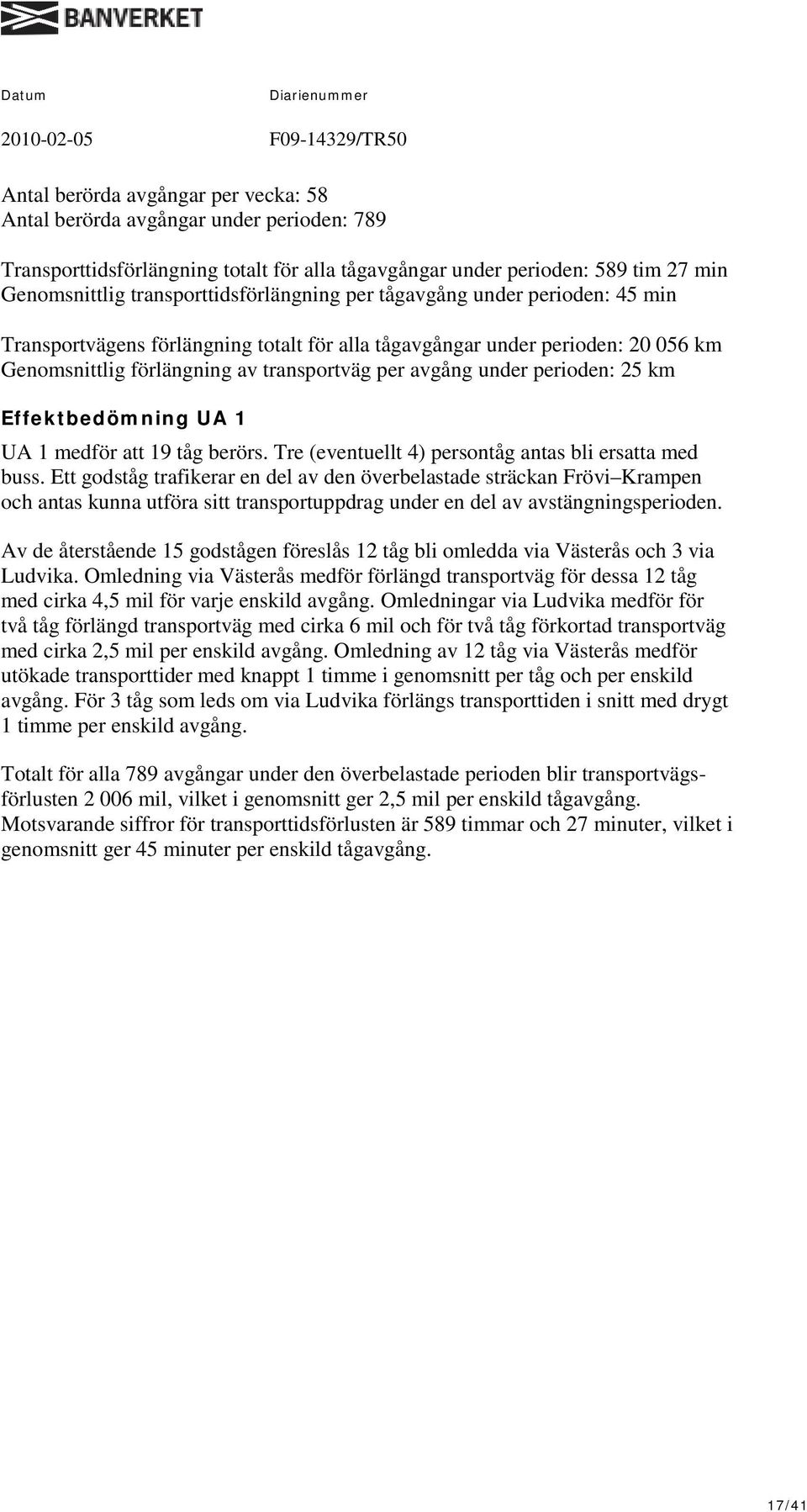 under perioden: 25 km Effektbedömning UA 1 UA 1 medför att 19 tåg berörs. Tre (eventuellt 4) persontåg antas bli ersatta med buss.