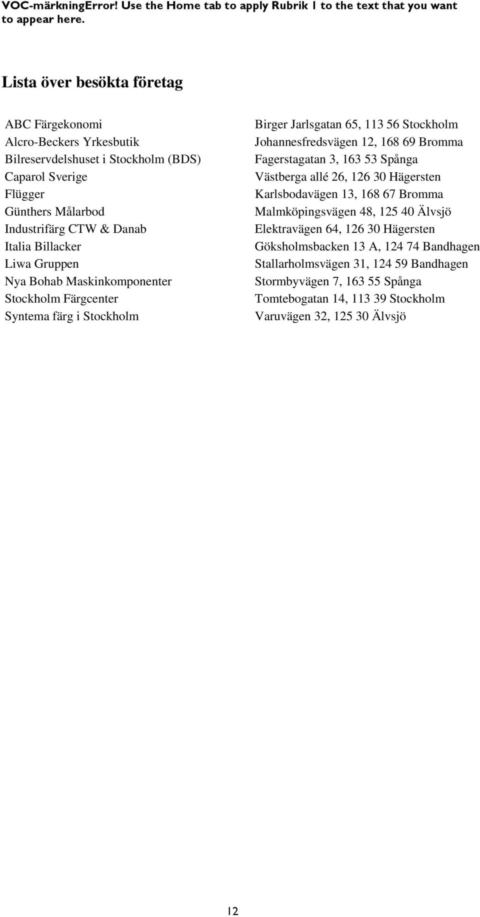 Bromma Fagerstagatan 3, 163 53 Spånga Västberga allé 26, 126 30 Hägersten Karlsbodavägen 13, 168 67 Bromma Malmköpingsvägen 48, 125 40 Älvsjö Elektravägen 64, 126 30