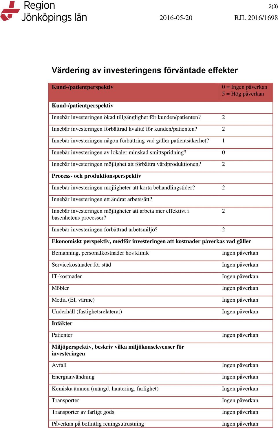 0 Innebär investeringen möjlighet att förbättra vårdproduktionen? 2 Process- och produktionsperspektiv Innebär investeringen möjligheter att korta behandlingstider?