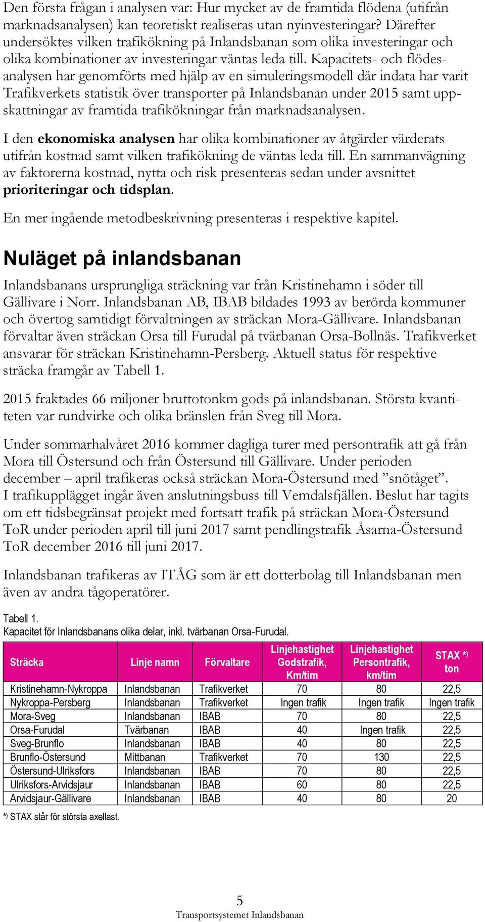 Kapacitets- och flödesanalysen har genomförts med hjälp av en simuleringsmodell där indata har varit Trafikverkets statistik över transporter på Inlandsbanan under 2015 samt uppskattningar av