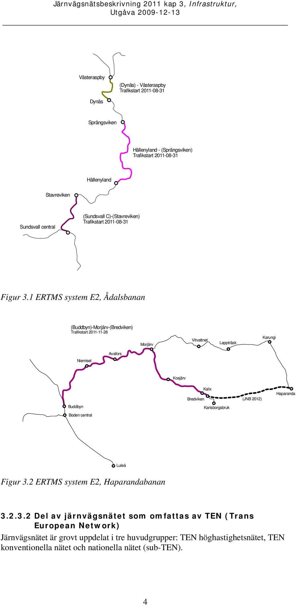1 ERTMS system E2, Ådalsbanan (Buddbyn)-Morjärv-(Bredviken) Trafikstart 2011-11-28 Morjärv Vitvattnet Lappträsk Karungi Niemisel Avafors Kosjärv Bredviken Kalix (JNB 2012)