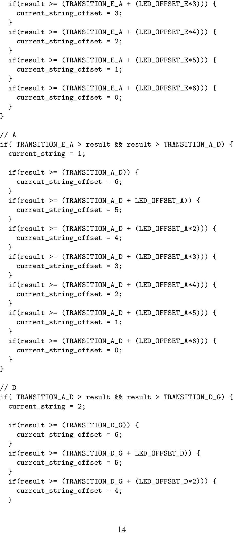 current_string = 1; if(result >= (TRANSITION_A_D)) { current_string_offset = 6; if(result >= (TRANSITION_A_D + LED_OFFSET_A)) { current_string_offset = 5; if(result >= (TRANSITION_A_D +