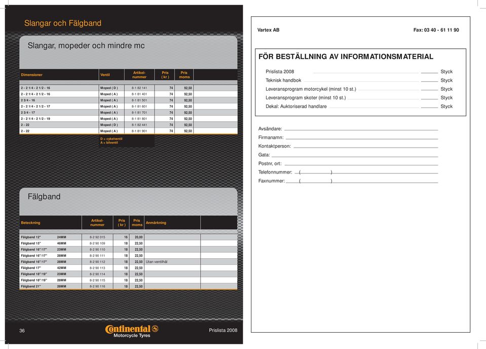 8-1 81 801 74 92,50 2-22 Moped ( D ) 8-1 82 441 74 92,50 2-22 Moped ( A ) 8-1 81 901 74 92,50 D = cykelventil A = bilventil lista 2008 Teknisk handbok Leveransprogram motorcykel (minst 10 st.