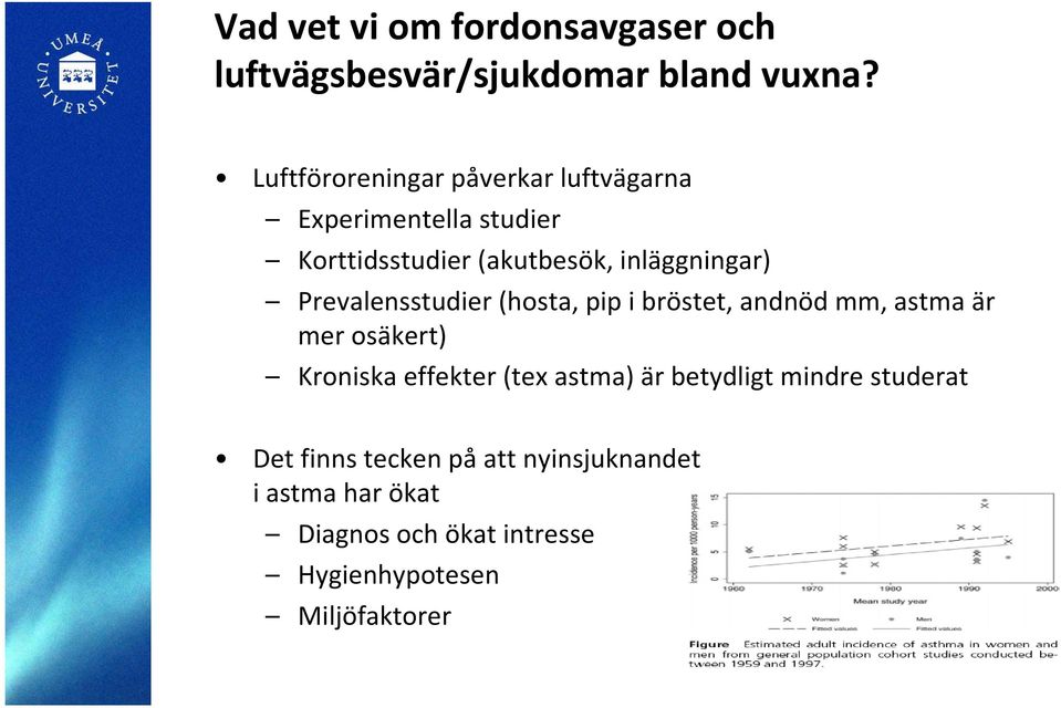 Prevalensstudier (hosta, pip i bröstet, andnöd mm, astma är mer osäkert) Kroniska effekter (tex astma)