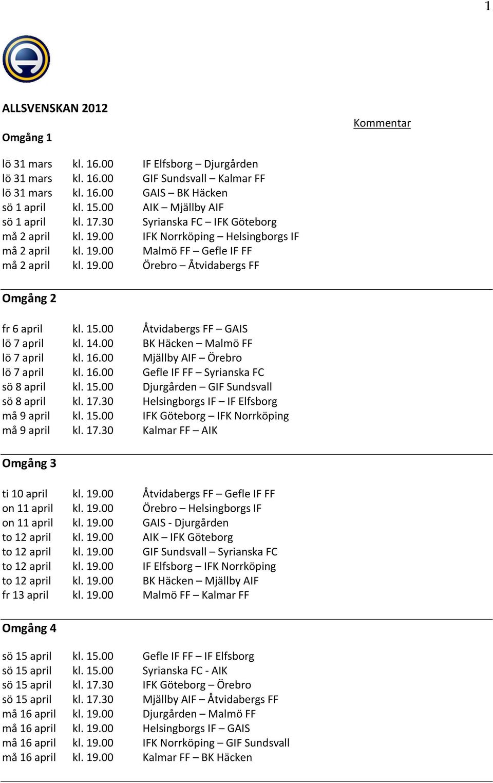 15.00 Åtvidabergs FF GAIS lö 7 april kl. 14.00 BK Häcken Malmö FF lö 7 april kl. 16.00 Mjällby AIF Örebro lö 7 april kl. 16.00 Gefle IF FF Syrianska FC sö 8 april kl. 15.