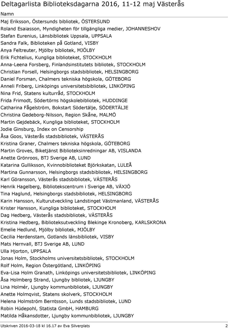 stadsbibliotek, HELSINGBORG Daniel Forsman, Chalmers tekniska högskola, GÖTEBORG Anneli Friberg, Linköpings universitetsbibliotek, LINKÖPING Nina Frid, Statens kulturråd, STOCKHOLM Frida Frimodt,