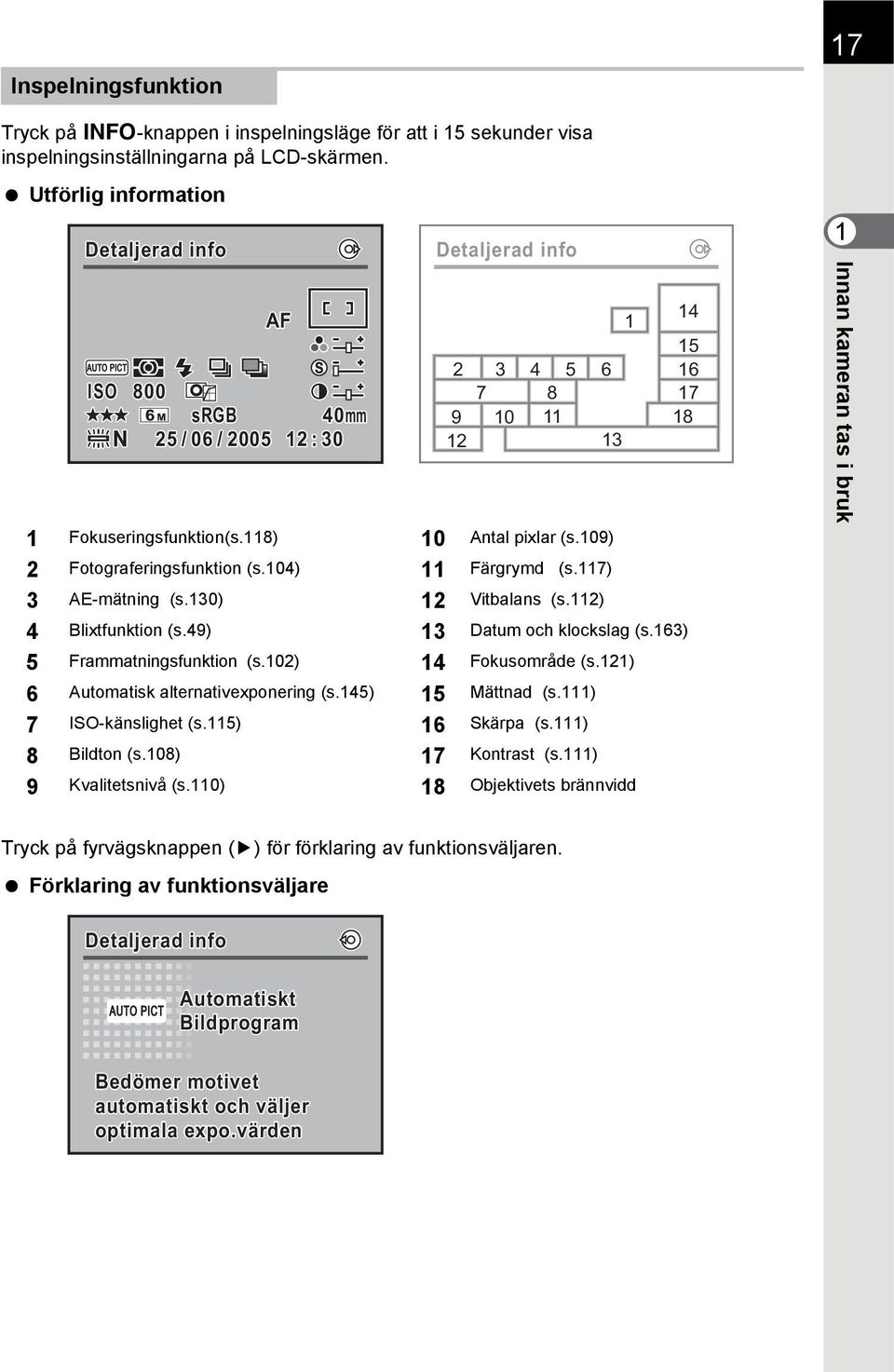 109) 2 Fotograferingsfunktion (s.104) 11 Färgrymd (s.117) 3 AE-mätning (s.130) 12 Vitbalans (s.112) 4 Blixtfunktion (s.49) 13 Datum och klockslag (s.163) 5 Frammatningsfunktion (s.