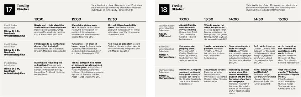 Docent Lena Gunhaga, Umeå centrum för molekylär medicin. Eric K. Fernströms Klumpigt protein orsakar ALS. Professor senior Stefan Marklund, institutionen för medicinsk biovetenskap.