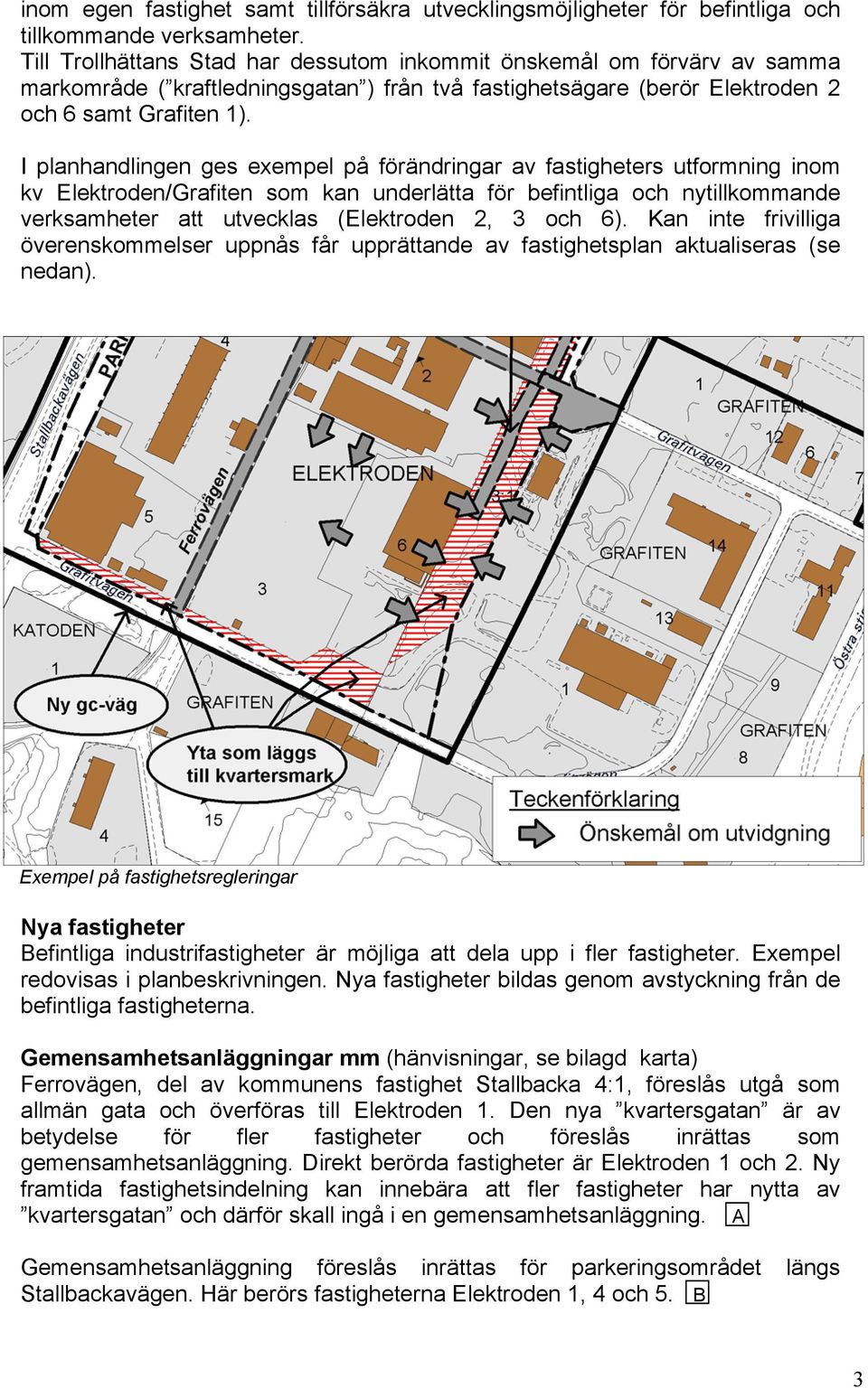 I planhandlingen ges exempel på förändringar av fastigheters utformning inom kv Elektroden/Grafiten som kan underlätta för befintliga och nytillkommande verksamheter att utvecklas (Elektroden 2, 3