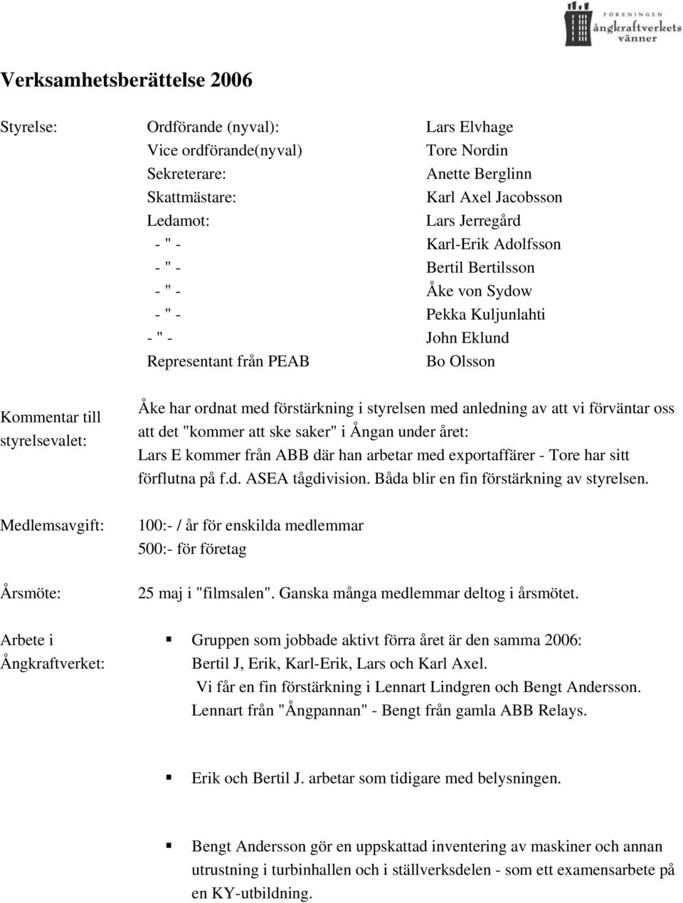 ordnat med förstärkning i styrelsen med anledning av att vi förväntar oss att det "kommer att ske saker" i Ångan under året: Lars E kommer från ABB där han arbetar med exportaffärer - Tore har sitt