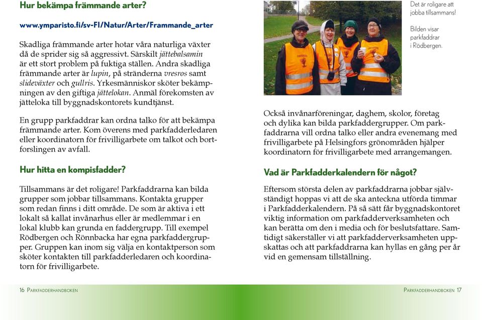 Yrkesmänniskor sköter bekämpningen av den giftiga jättelokan. Anmäl förekomsten av jätteloka till byggnadskontorets kundtjänst. En grupp parkfaddrar kan ordna talko för att bekämpa främmande arter.