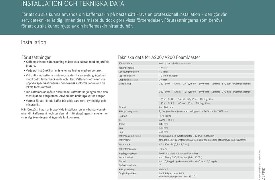 Installaton Förutsättnngar Kaffemasknens nätanslutnng måste vara säkrad med en jordfelsbrytare. Varje pol strömkällan måste kunna brytas med en brytare.